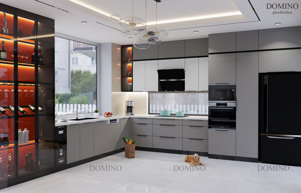 Tủ bếp inox 304 cánh kính khung và thùng inox 304, cánh kính cường lực