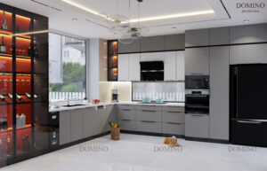 Tủ bếp inox cánh kính cường lực trọn bộ, báo giá theo mét dài