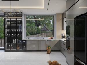 Tủ bếp inox cánh kính Domino thi công thực tế cho căn hộ