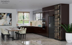 Tủ bếp cánh kính có bền không: cấu hình khung inox 304 và cánh kính cường lực