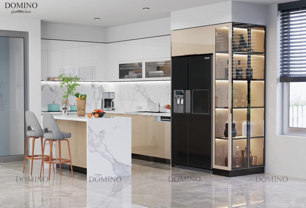 Ví dụ dự toán chi phí tủ bếp inox cánh kính cho bếp chữ L 4m