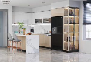 Bếp kính cường lực ốp tường và tủ bếp inox cánh kính hiện đại