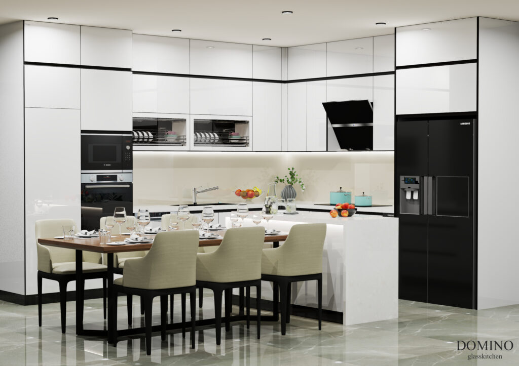 Tủ Bếp Inox Kính Cường Lực Có An Toàn Không? Phân Tích Cho Gia Đình 2026 2 Cánh kính cường lực và khung inox 304 nhẵn, dễ lau khuẩn trên tủ bếp inox kính cường lực