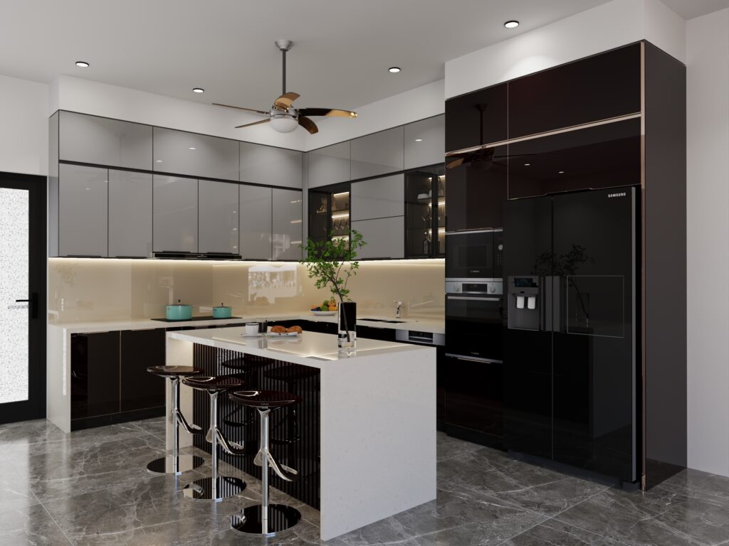 Mẫu tủ bếp inox cánh kính chữ L có đảo bếp, cánh kính xám và đen bóng phong cách hiện đại