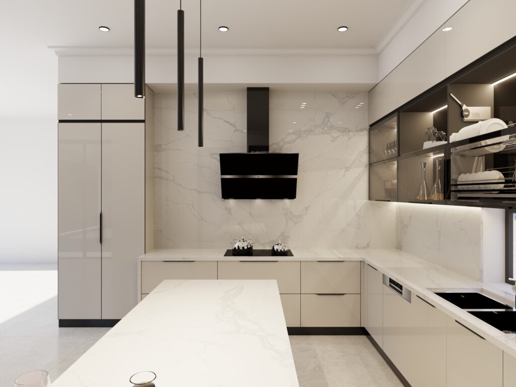 Tủ Bếp Khung Nhôm Cánh Kính Có Nên Làm Không? So Sánh Với Inox 304 – 2026 3 Mẫu tủ bếp cánh kính của Domino, chữ U mặt đá marble