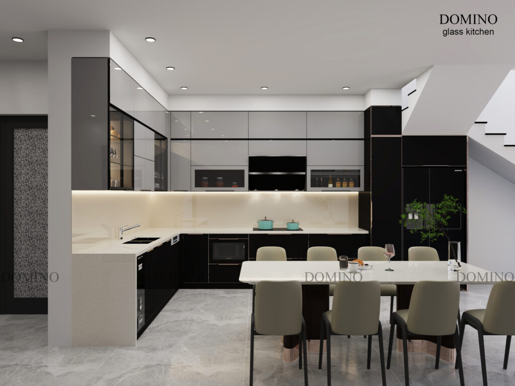 Mẫu tủ rượu inox cánh kính đồng bộ tủ bếp Domino tông xám đen