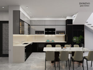 Tủ bếp inox cánh kính Domino tông xám đen chữ L kèm bàn ăn