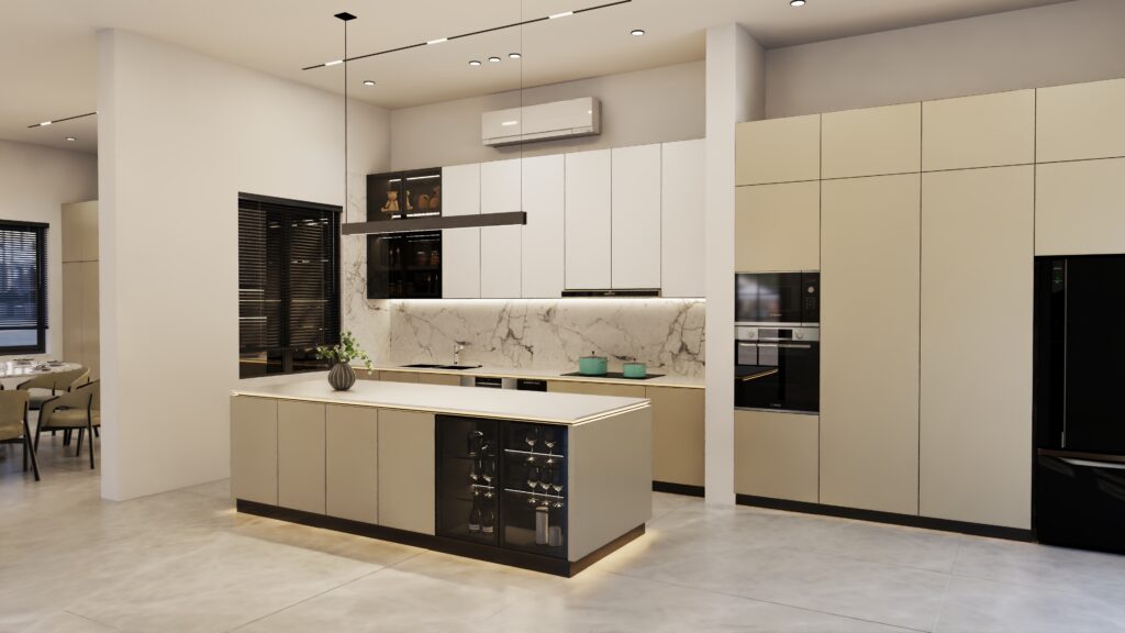 Tủ rượu inox cánh kính đen tích hợp trong đảo bếp, đèn LED